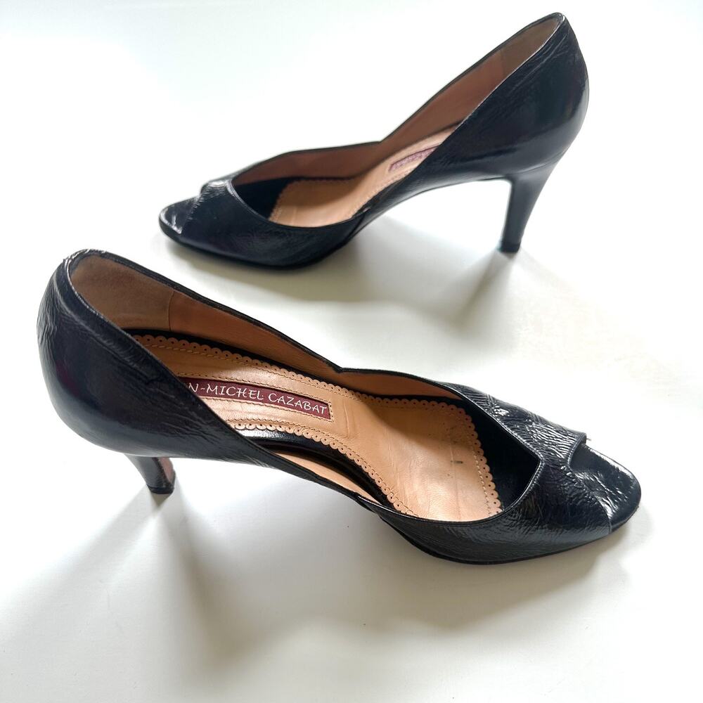 Jean-Michel Cazabat, Size 7.5, Dark Navy Patent Leather, Peep-Toe Kitten Heel